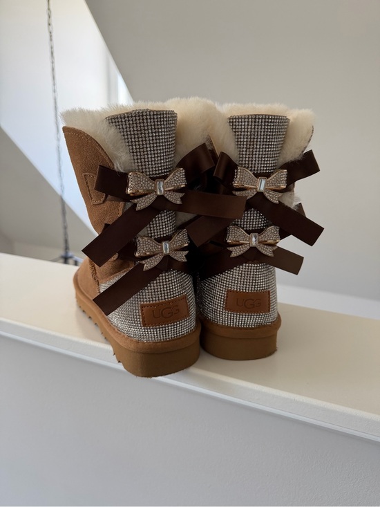 UGG Shoes - UGG Chestnut Crystal Bow Sheepskin Boots with Cream Fur Cuff
